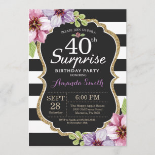 Surprise 40e anniversaire Invitation Floral Gold