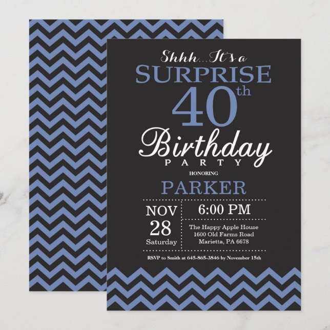 Surprise 40e anniversaire Invitation noir et bleu (Devant / Derrière)