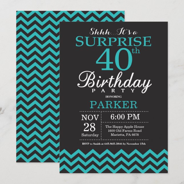 Surprise 40e anniversaire Invitation Noir et Turqu (Devant / Derrière)