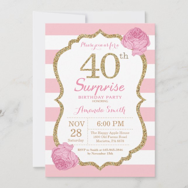 Surprise 40e anniversaire Invitation rose et or (Devant)