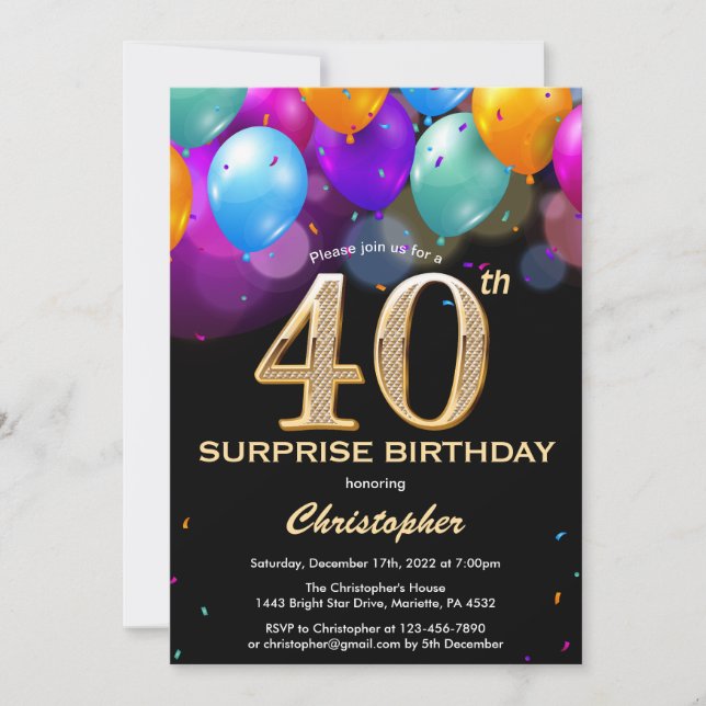 Surprise 40th Birthday Black and Gold Balloons Invitation (Front)