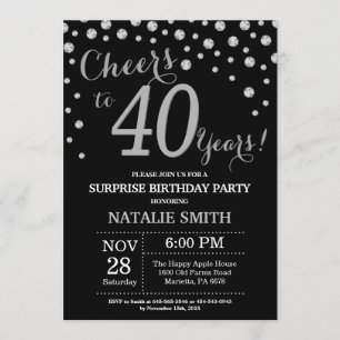 Surprise 40th Birthday Black and Silver Diamond Invitation