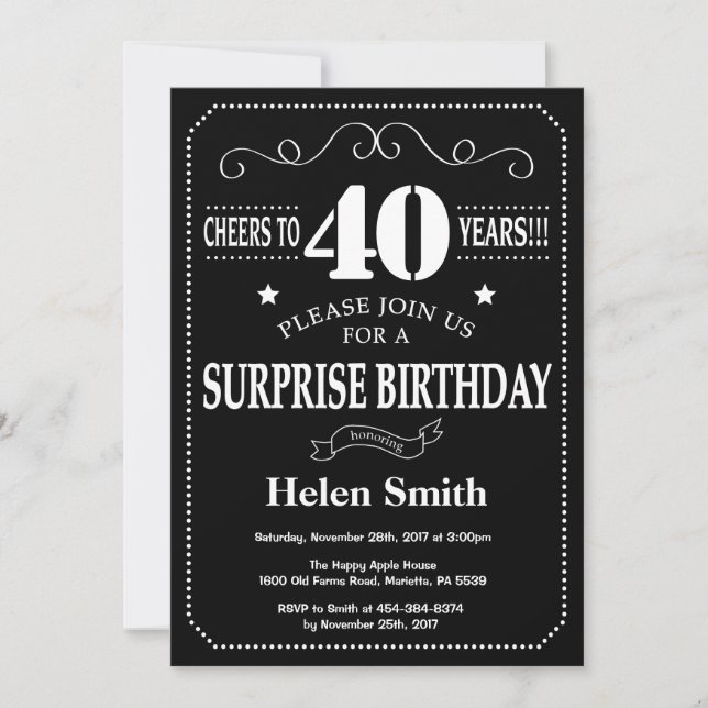 Surprise 40th Birthday Black and White Chalkboard Invitation (Front)
