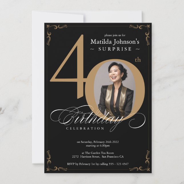 Surprise 40th Birthday Black Gold Elegant Custom Invitation (Front)