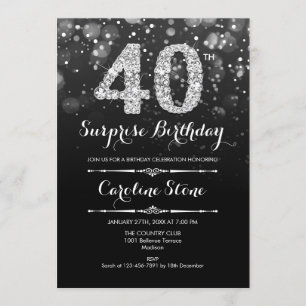 Surprise 40th Birthday - Black Silver Invitation