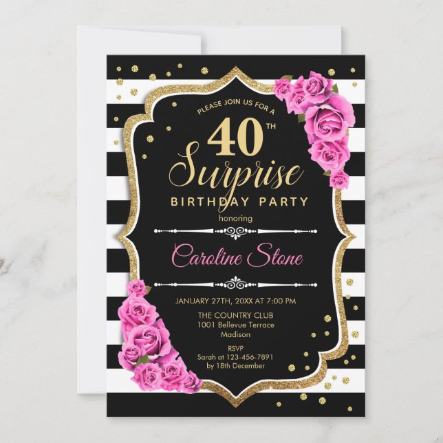 Surprise 40th Birthday - Black White Pink Invitation (Front)