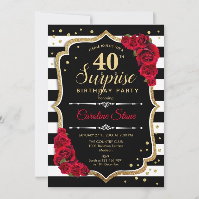 Surprise 40th Birthday - Black White Red Invitation (Front)
