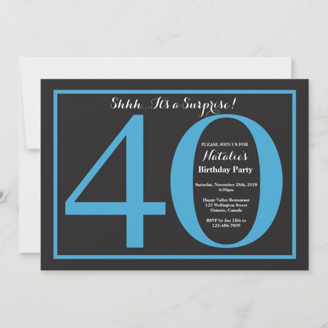 Surprise 40th Birthday Blue and Black Chalkboard Invitation (Front)
