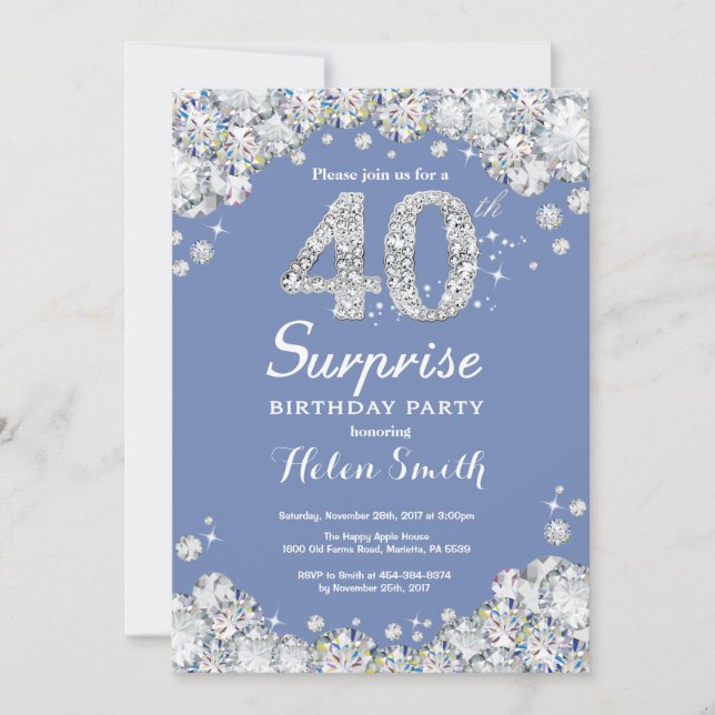 Surprise 40th Birthday Blue Silver Diamond Invitation (Front)
