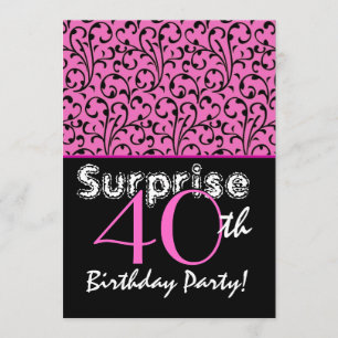 SURPRISE 40th Birthday Bright Pink Black Swirls Invitation
