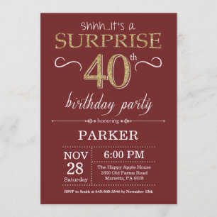 Surprise 40th Birthday Burgundy and Gold Glitter Invitation