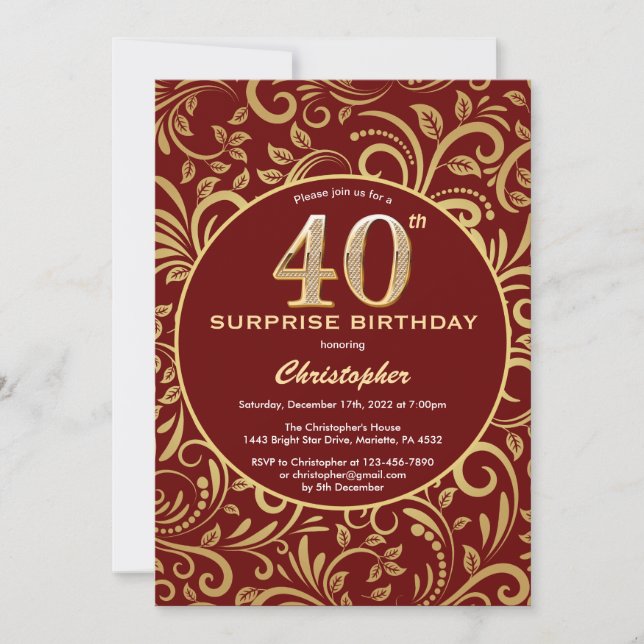 Surprise 40th Birthday Burgundy Red & Gold Floral Invitation (Front)