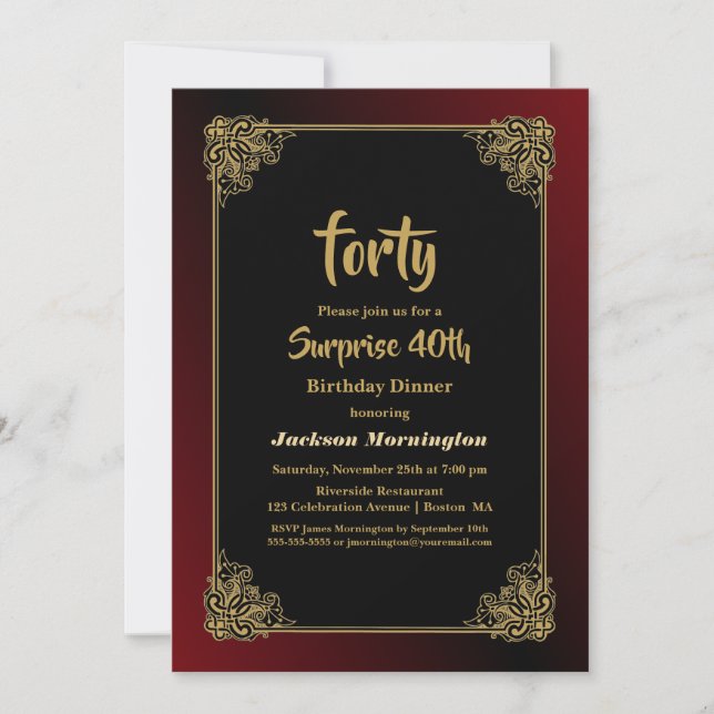 Surprise 40th Birthday Dinner Black Red Gold Invitation (Front)