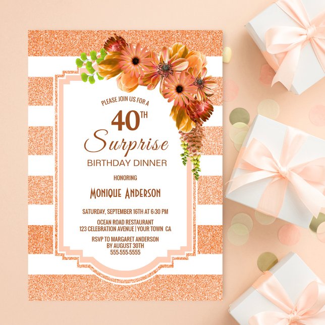 Surprise 40th Birthday Dinner Orange Floral Party Invitation (Creator Uploaded)