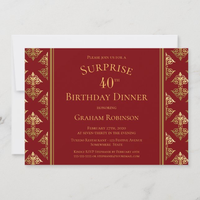 Surprise 40th Birthday Dinner Red Gold Damask Invitation (Front)