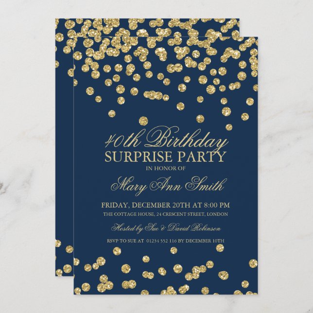 Surprise 40th Birthday Gold Glitter Navy Blue Invitation (Front/Back)