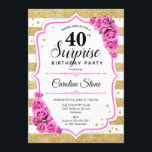 Surprise 40th Birthday - Gold White Pink Invitation<br><div class="desc">Surprise 40th Birthday Invitation.
Feminine white,  pink design with faux glitter gold. Features stripes,  blush pink roses,  script font and confetti. Perfect for an elegant birthday party. Can be personalized to show any age. Message me if you need further customization.</div>
