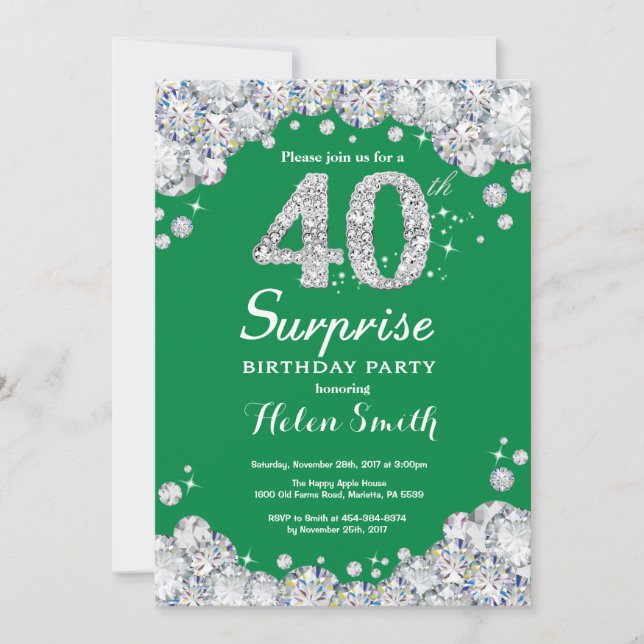 Surprise 40th Birthday Green and Silver Diamond Invitation (Front)