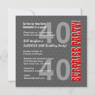 SURPRISE 40th Birthday Grey white Red Stars G326 Invitation