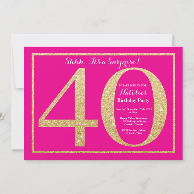 Surprise 40th Birthday Hot Pink and Gold Glitter Invitation (Front)