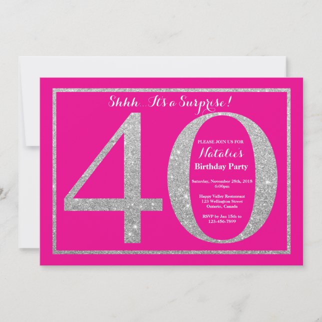 Surprise 40th Birthday Hot Pink and Silver Glitter Invitation (Front)