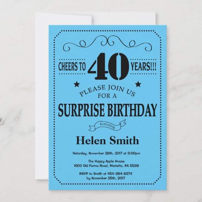 Surprise 40th Birthday Invitation Black and Blue (Front)