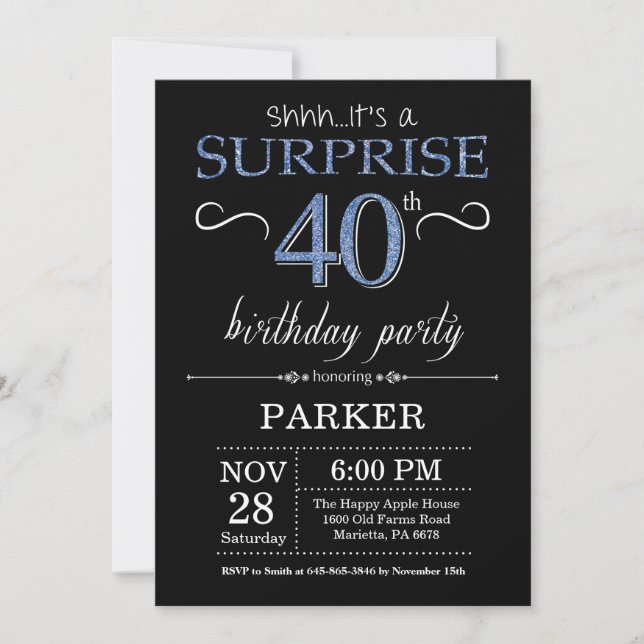 Surprise 40th Birthday Invitation Black and Blue (Front)