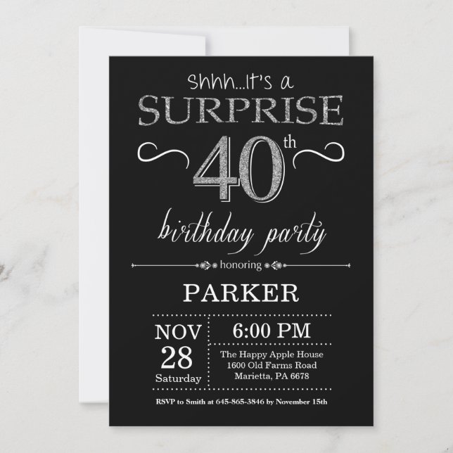 Surprise 40th Birthday Invitation Black and Silver (Front)