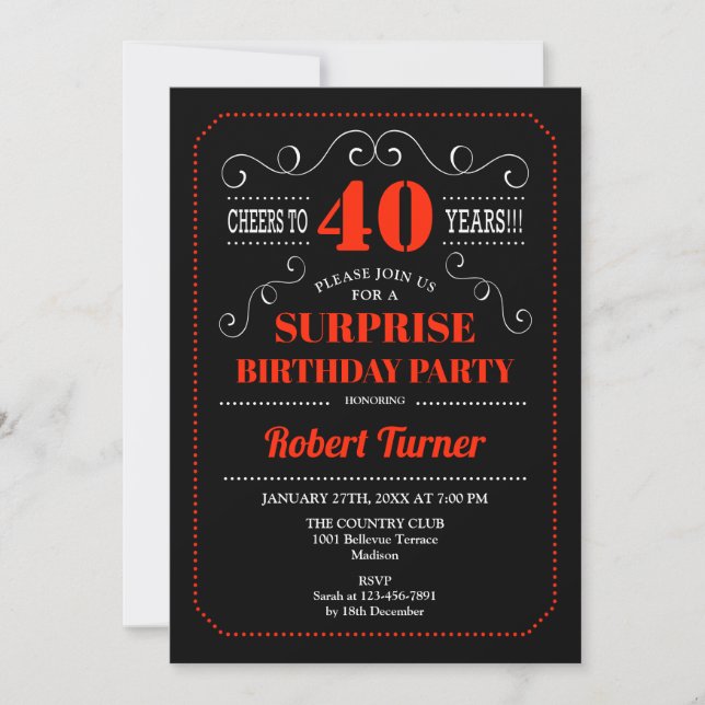 Surprise 40th Birthday Invitation - Black Red (Front)