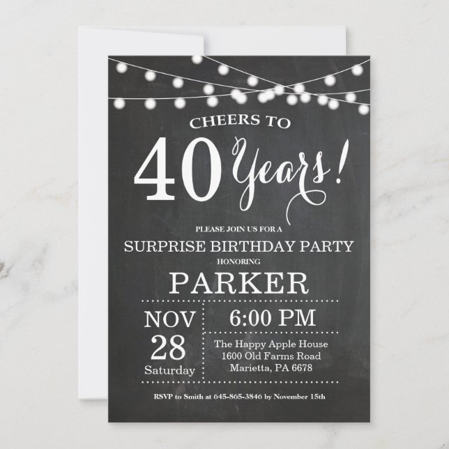 Surprise 40th Birthday Invitation Chalkboard (Front)