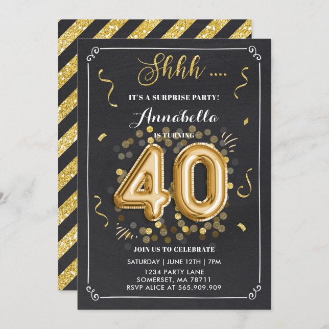 Surprise 40th Birthday Invitation Gold Chalkboard (Front/Back)