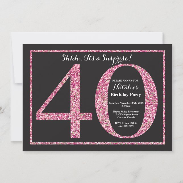 Surprise 40th Birthday Invitation Pink Glitter (Front)
