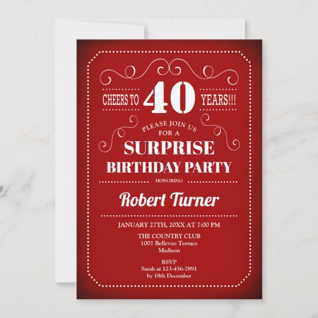 Surprise 40th Birthday Invitation - Red White (Front)