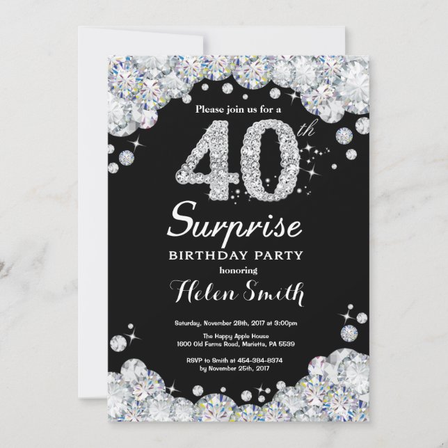 Surprise 40th Birthday Invitation Silver Diamond (Front)