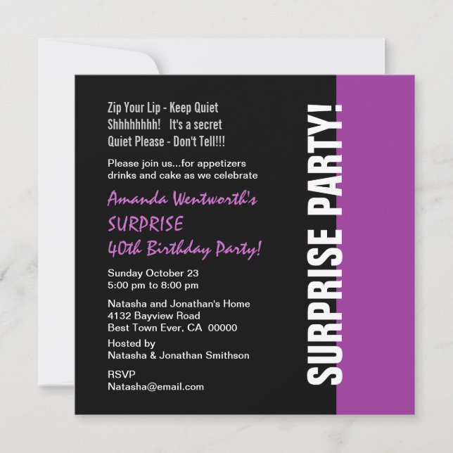 SURPRISE 40th Birthday Modern Black Purple W1466 Invitation (Front)