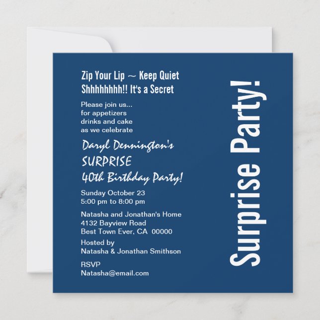 SURPRISE 40th Birthday Modern Navy Blue White D459 Invitation (Front)