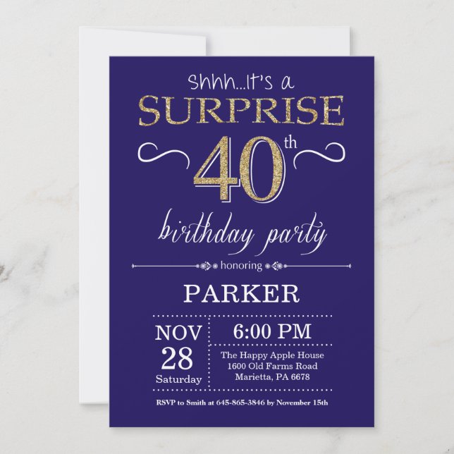 Surprise 40th Birthday Navy Blue and Gold Glitter Invitation (Front)