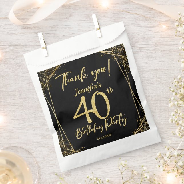 Surprise 40th Birthday Party Black & Gold Glitter Favour Bag (Clipped)