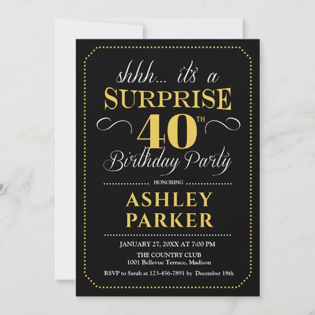 Surprise 40th Birthday Party - Black Gold Invitation (Front)