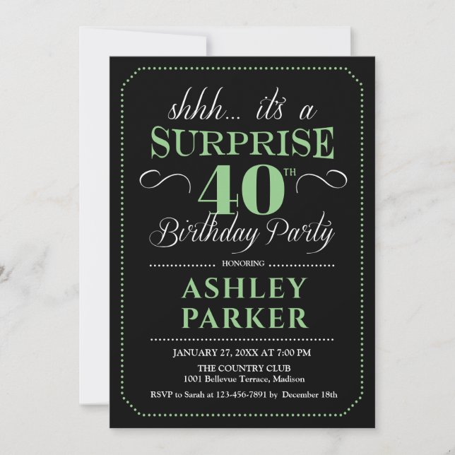 Surprise 40th Birthday Party - Black Green Invitation (Front)