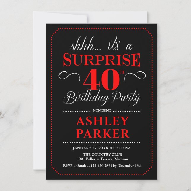 Surprise 40th Birthday Party - Black Red White Invitation (Front)