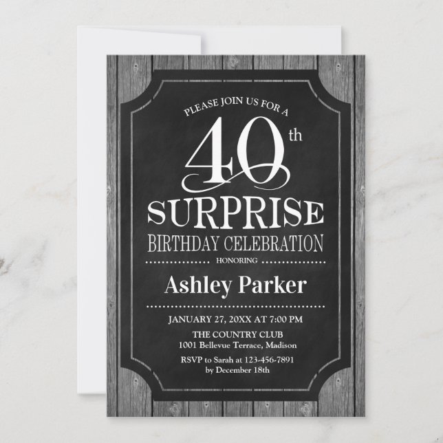 Surprise 40th Birthday Party - Chalkboard White Invitation (Front)