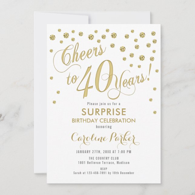 Surprise 40th Birthday Party - Gold White Invitation (Front)