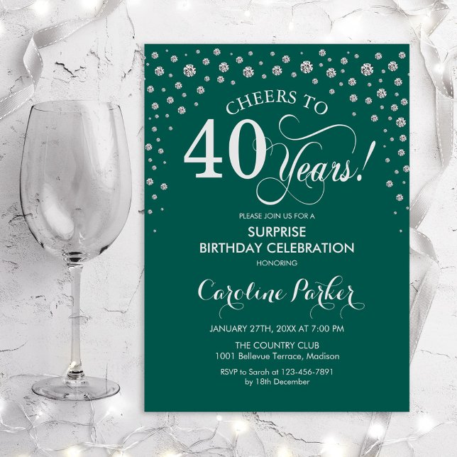 Surprise 40th Birthday Party - Green Silver Invitation (Creator Uploaded)