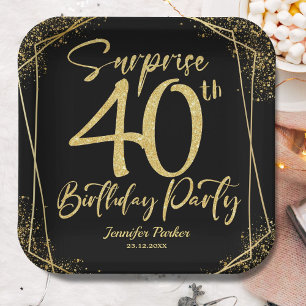 Surprise 40th Birthday Party Modern Black Gold Paper Plate