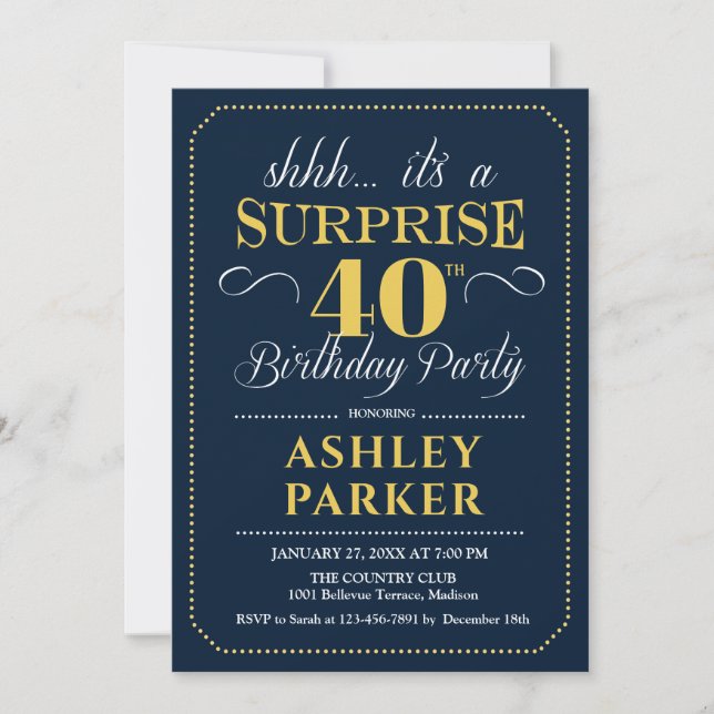 Surprise 40th Birthday Party - Navy Gold Invitation (Front)