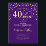 Surprise 40th Birthday Party - Purple Gold Invitation<br><div class="desc">Surprise 40th Birthday Party Invitation.
Elegant design in royal purple and faux glitter gold . Features script font and diamonds confetti. Cheers to 40 Years! Message me if you need further customization.</div>