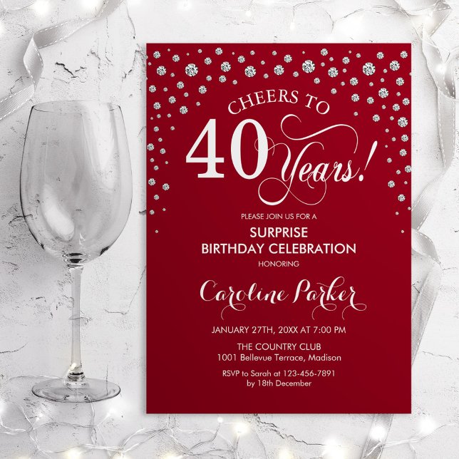 Surprise 40th Birthday Party - Red Silver Invitation (Creator Uploaded)