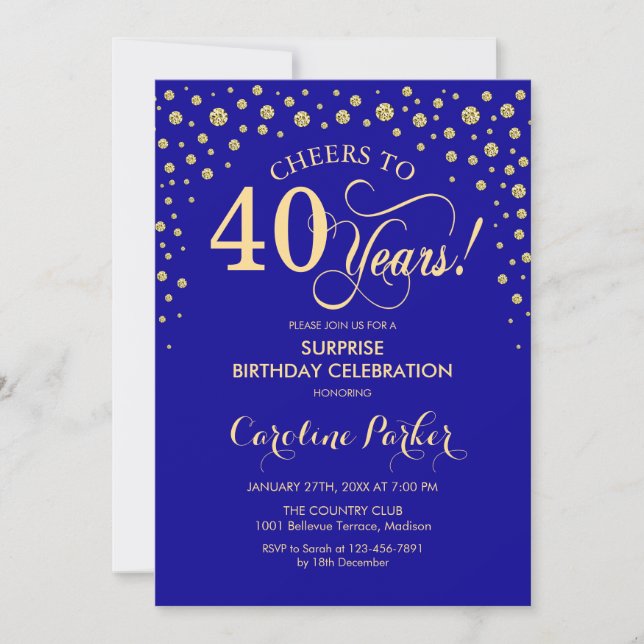 Surprise 40th Birthday Party - Royal Blue Gold Invitation (Front)