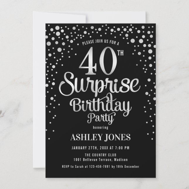 Surprise 40th Birthday Party - Silver & Black Invitation (Front)